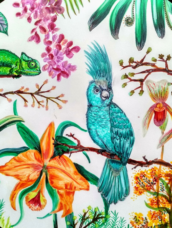tropical painting paradise plants birds