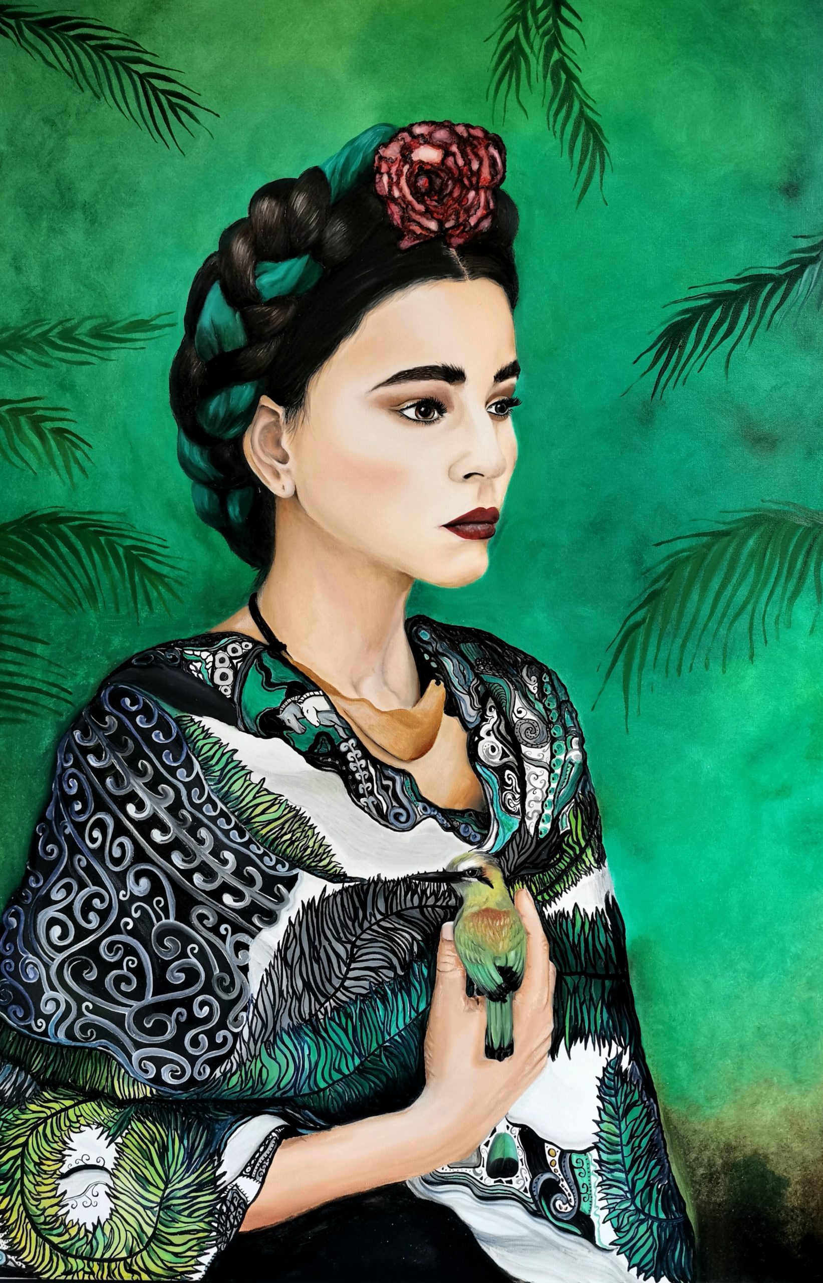 Kunst, Katrin Maiwald, boho, ethno, schöne Frau, grün, Frida Kahlo